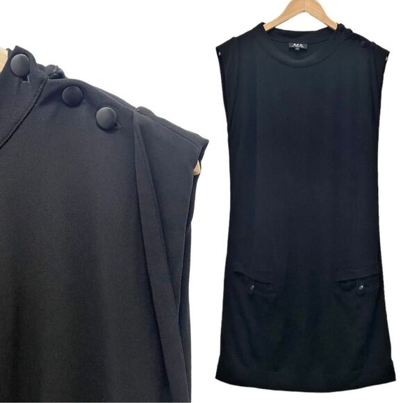 APC Black Sleeveless Retro Jersey Shift Dress Side Shoulder Buttons Size Small - Picture 1 of 10